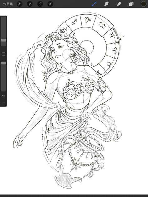 Sagittarius Goddess Drawing, Aquarius Goddess Tattoo Zodiac Signs, Aquarius Lady Tattoo, Aquarius Tattoo Unique, Zodiac Tattoos Aquarius, Aquarius Sketch, Zodiac Sketches, Aquarius Goddess Tattoo, Awesome Sleeve Tattoos