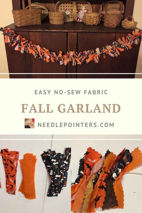 Crafts With Halloween Fabric, Halloween Crafts With Ribbon, Easy Sew Halloween Decorations, Autumn Bunting Diy, Halloween Fabric Decorations, Diy Fabric Halloween Decorations, Diy Farmhouse Garland, Halloween Rag Garland, Fall Fabric Garland Diy