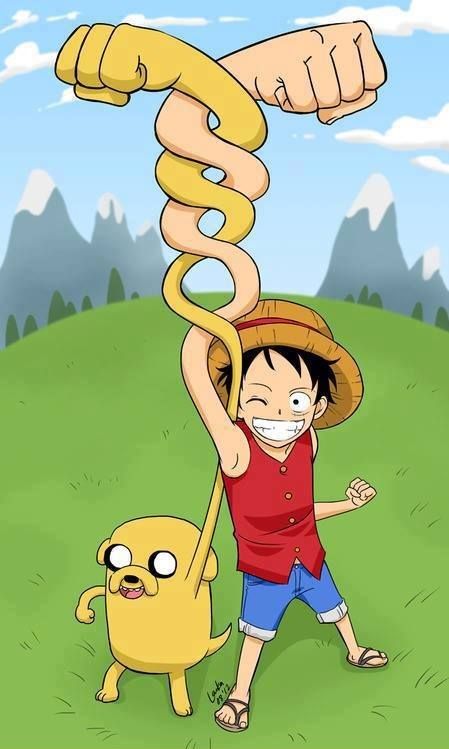 Jake (Adventure Time) & Luffy (One Piece) Adventure Time Crossover, Adventure Time Jake, Jake Adventure Time, Jake The Dogs, One Piece Pictures, Cartoon Crossovers, One Piece Luffy, Anime Crossover, One Piece Anime