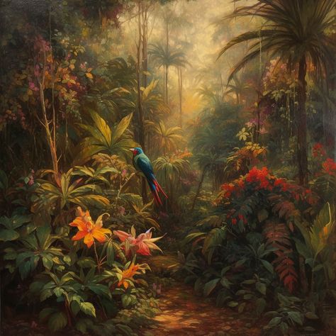 Jungle Images, Wallpaper Jungle, Paradise Painting, Jungle Painting, Jungle Photography, Jungle Birds, Forest Drawing, Jungle Life, Jungle Flowers