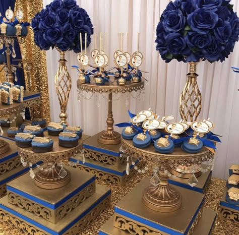 Blue And Gold Chambelanes, Royal Blue And Gold 15 Decorations, Dark Blue And Gold Decorations Party, Blue And Gold Western Theme, Royal Blue And Gold Quinceanera Centerpieces, Quince Dessert Table Ideas Blue, Royal Blue And Gold Dessert Table, Quince Court Table Blue, Dark Blue And Gold Quinceanera Theme