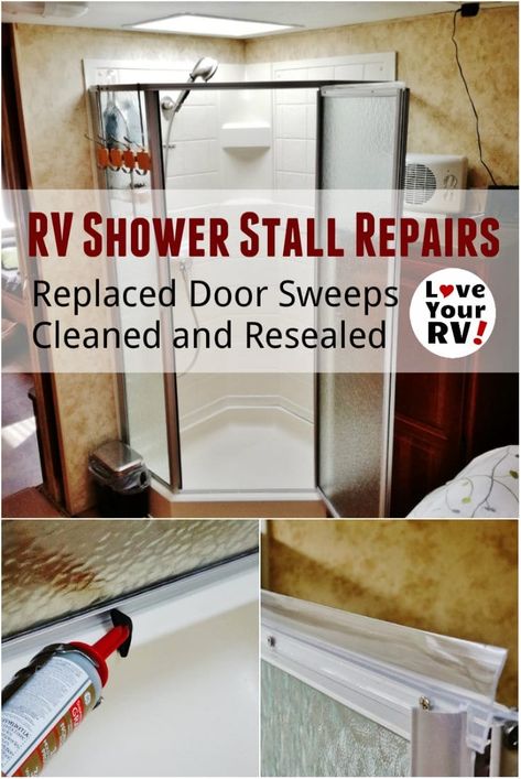 Replacing Shower In Camper, Rv Essentials, Camper Repair, Door Sweeps, Camper Trailer Remodel, Rv Bathroom, Rv Repair, Rv Maintenance, Rv Organization