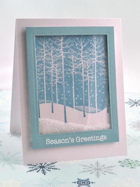 Falling Snow Holiday Shaker Card designed by Debbie Olson Shaker Cards Tutorial, Stampin Up Weihnachten, Holiday Cards Handmade, Christmas Card Inspiration, Decorating Home, Tree Cards, Diy Christmas Cards, Shaker Cards, Winter Cards