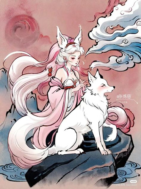 Japanese Empress Art, Japanese Goddess Art, Chinese Fox Spirit, Chinese Goddess Art, Kitsune Drawing, Japanese Girl Art, Japanese Oc, Chinese Art Style, White Kitsune