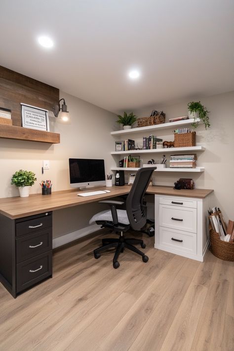 Some Thoughts On Basement Makeovers – Everyday Inspo Home Office In Basement Ideas, Small Basement Office Ideas No Windows, Basement Office Design Ideas, Basement Office Ideas, Basement Home Office, Small Table And Chairs, Basement Office, Office Bookshelves, Small Basements