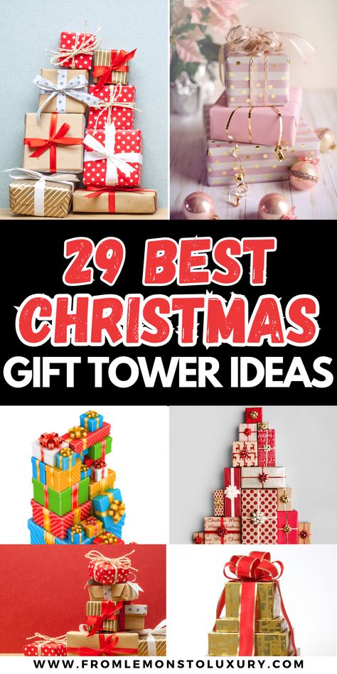 29+ Best Christmas Gift Tower Ideas That Will Impress Your Loved Ones Christmas Gift Tower For Kids, Reindeer Presents Tower, Christmas Present Tower, Gift Tower Ideas, Christmas Gift Tower, Snowman Gift Tower, Present Tower, Christmas Gifts For Adults, Gift Boxes Decoration