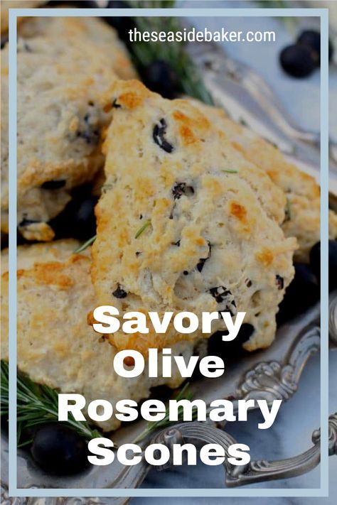 These Savory Olive Rosemary Scones combine the flavors of crunchy black olives, fresh rosemary, and rich buttery flavor. The Rosemary Compound butter makes these a wonderful gourmet substitute for rolls at your next dinner party or holiday meal! #savoryscone #scones #rolls | See this and other delicious recipes at TheSeasideBaker.com Rosemary Scones Savory, Recipes Using Thyme And Rosemary, Rosemary Scones Recipe, Fresh Rosemary Uses, Rosemary Compound Butter, Rosemary Scones, Herbs Recipes, Rosemary Recipes, Sides Recipes