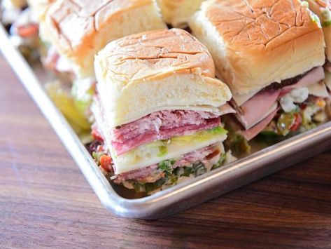 Get Mini Muffulettas Recipe from Food Network Hawaiian Bread Rolls, Muffaletta Sandwich, Muffuletta Sandwich, Olive Spread, Pepper Sandwich, Sliced Salami, Sliced Roast Beef, Pioneer Woman Recipes, Slider Recipes