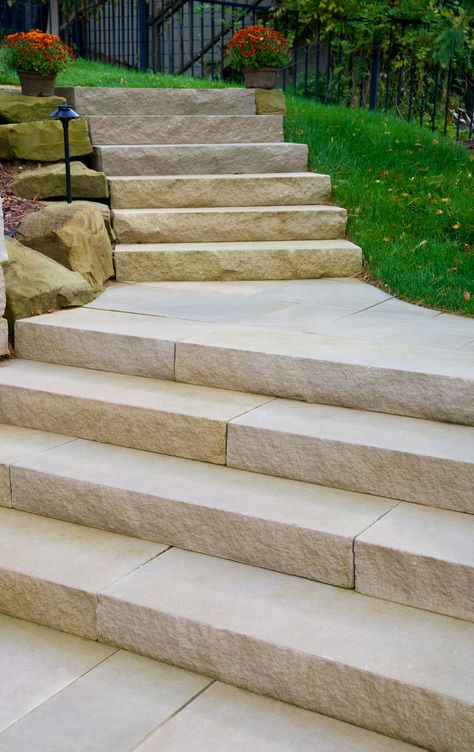 Indiana limestone is a versatile outdoor material that can be used to make any hardscape project look great Front Porch Stone Steps, Limestone Steps, Front Porch Stone, Stairs Decoration, Patio Stairs, Landscape Stairs, Stone Steps, Landscaping Retaining Walls, Garden Stairs