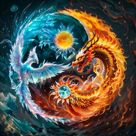 Chinese Dragon And Phoenix Art, Phoenix And Dragon Art, Dragon Phoenix Tattoo, Ying Yang Art, Phoenix Wallpaper, Phoenix Artwork, Mother Earth Art, Phoenix Dragon, Yin Yang Art