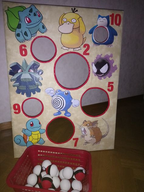 Pokemon Themed Games, Pikachu Party Games, Diy Pokemon Games, Diy Pokemon Party Games, Pokemon Giveaway Ideas, Pokemon Party Ideas Games, Pokemon First Birthday Party, Pokemon Party Activities, Pokémon Party Decor