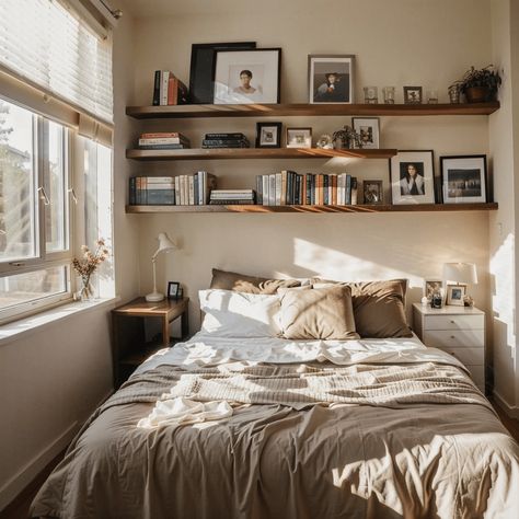 Bedroom Inspiration Cozy, Apartment Things, Ideas Habitaciones, Cozy Bedroom Design, Small Apartment Bedrooms, Bookshelves In Bedroom, Casa Clean, Tiny Room, Chic Bedroom Decor