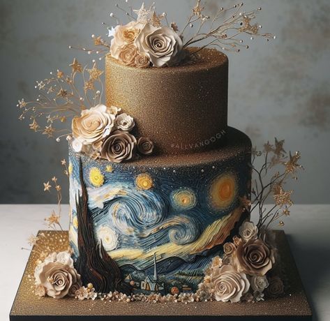 Claude Monet Cake, Van Gogh Birthday Theme, Starry Night Cakes, Van Gogh Cake Birthday, Monet Inspired Cake, Sweet 16, Starry Night, Wedding Cakes, Birthday Cake