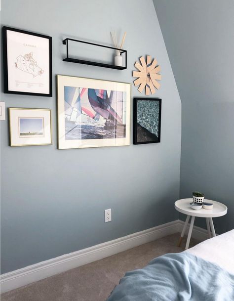 Sensitive Tint Sherwin Williams, Sw Windy Blue Bedroom, Sw Niebla Azul, Sherwin Williams Niebla Azul, Kids Bedroom Paint, Picture Arrangements, Coastal Farmhouse Decor, Farmhouse Paint, Kid Rooms