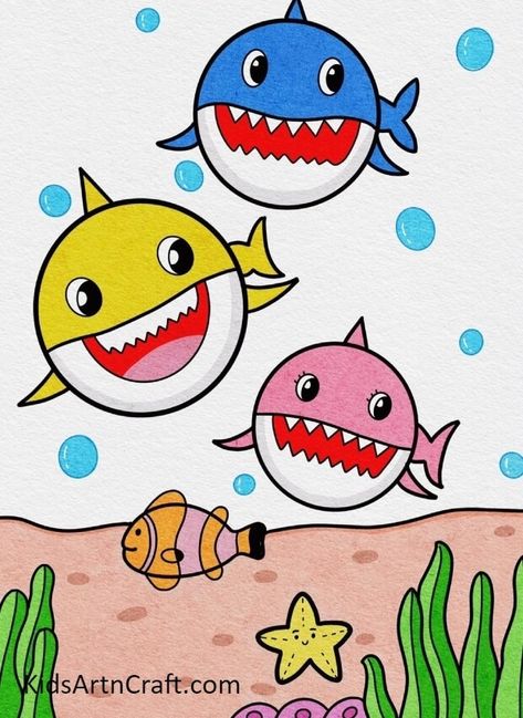 Class 1 Drawing Ideas, Kids Cartoon Drawings, Drawing Ideas For Kids Step By Step, Underwater Drawing Easy, Kindergarten Drawing Ideas, Underwater Drawing For Kids, Easy Drawing For Kids Step By Step, Simple Art Drawings For Kids, Kids Drawing Ideas Step By Step