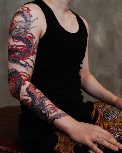 Black Dragon Tattoo, Dragon Tattoo Arm, Dragon Tattoo Meaning, Red Dragon Tattoo, Tato Naga, Dragon Tattoos For Men, Dragon Sleeve, Chinese Dragon Tattoos, Japanese Dragon Tattoo