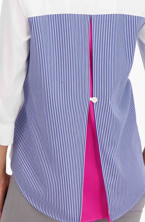 An inverted back pleat flares the profile of this cotton-blend shirt designed with striped blocking at the back and a captivating peekaboo pop of pink. 28 1/2" length Front button closure Spread collar Three-quarter sleeves with button cuffs 65% cotton, 30% polyester, 5% spandex Machine wash, line dry Imported Sewing Blouses, Upcycle Shirt, Couture Sewing, Stripe Shirt, Stylish Dress Designs, Sleeves (women), Upcycle Clothes, Sewing Clothes, Striped Shirt