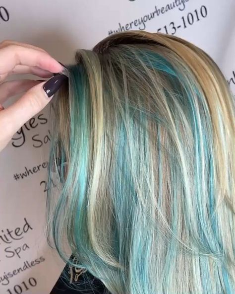 Blue Hair Highlights Blonde, Highlights Blue Hair, Blonde Hair With Blue Highlights, Hair With Blue Highlights, Aqua Hair Color, Teal Hair Highlights, Blonde Hair With Blue, Hair Highlights Blonde, Teal Hair Dye