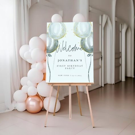 Blush Balloon Garland, Balloons First Birthday, Large Easel, 1st Birthday Welcome Sign, Rustic Typography, First Birthday Welcome Sign, Blush Balloons, Gold First Birthday, Sprinkle Party