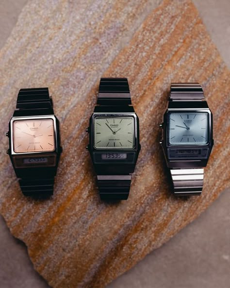 Casio Vintage UK on Instagram: "🌟 NEWNESS 🌟 Inspired by the past, designed for new generations - the contemporary update on the 80s AQ-450. Casio Vintage bringing you the stunning AQ-800EC Collection now available in three different colours in light blue, dark green and dark orange. These timepieces are the perfect blend of retro and stylish, a neo-vintage look that evokes nostalgia. Get yours today! Link in bio #CasioVintage #Casio #NewCasio #CasioVintageUK #CasioUK #WatchesUK #WatchFashio Casio Aq 800, Casio Aq230, Vintage Casio Watch, Casio Vintage Watch, Mens Accessories Vintage, Mens Luxury Lifestyle, Casio Vintage, Retro Watches, Unisex Watches