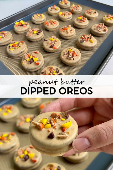 Peanut butter dipped Oreos are filled with peanut butter, coated in a mixture of melted white chocolate and peanut butter chips, then topped with peanut butter candies! Oreos are great on their own, but they’re about 1000x better when dipped in peanut butter. With only 6 ingredients and no baking required, this simple treat hits all the notes! Crunchy, salty, and sweet! Peanut Butter Dipped Oreos, Peanut Butter Snack Ideas, Chocolate Dipped Peanut Butter Cookies, Chocolate Dipped Peanut Butter Oatmeal Cookies, Chocolate Dipped Peanut Butter Pretzels Recipe, Peanut Butter Cookie Dipped In Chocolate, Peanut Butter Cookie Dough Recipe, Peanut Butter White Chocolate, Peanut Butter Dip