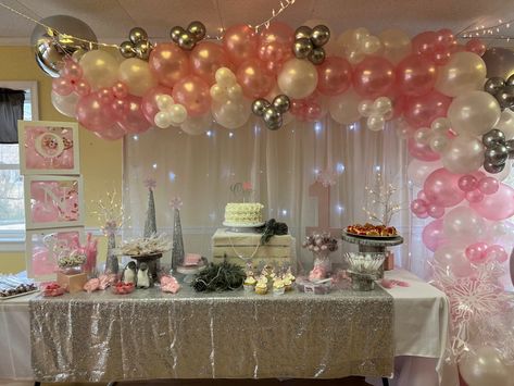 Winter Onederland Treat Table, Winter Onederland Cake Table, Dessert Table Ideas Winter Wonderland, Pink Winter Wonderland Dessert Table, Pink Womter Onederland Birthday, Winter Onederland Birthday Party, Onederland Party, Winter Onederland Party, Onederland Birthday Party