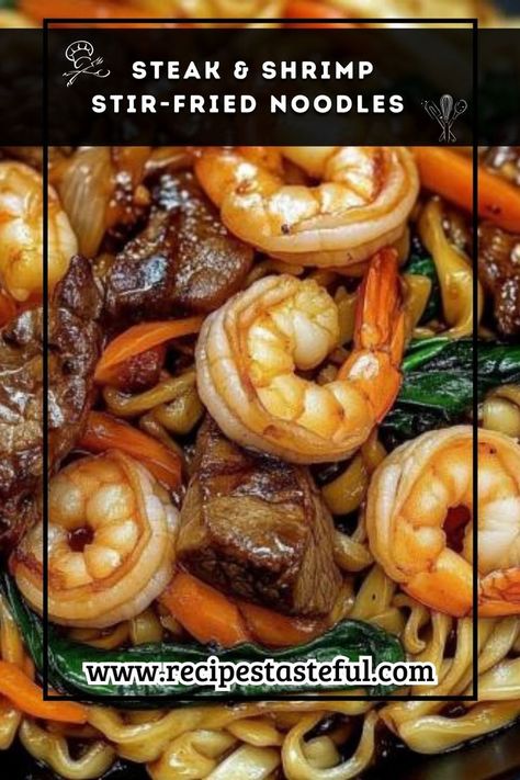 A delightful dish combining tender marinated steak, succulent shrimp, and colorful vegetables tossed with wide rice noodles in a savory sauce. Perfect for a quick weeknight meal or entertaining guests. Steak And Shrimp Fried Rice, Wide Rice Noodles, Stir Fry Shrimp Recipes, Steak Shrimp, Shrimp Noodles, Simple Delicious Recipes, Steak And Shrimp, Shrimp Stir Fry, Wholesome Meals