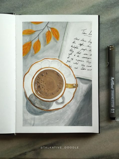 Coffee And Painting Aesthetic, Cup Of Coffee Painting Acrylic, Coffee Gouache Painting, Aesthetic Coffee Painting, Coffee Cup Painting Canvas, Paintings Of Coffee Cups, Coffee Aesthetic Painting, Coffee Inspired Art, Painting Art Projects Watercolor