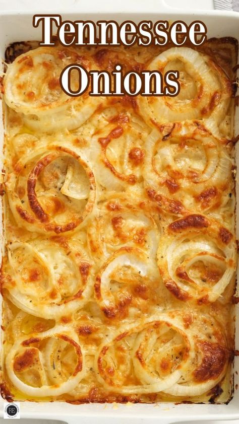 With a mild and sweet onion flavor and piles of ooey gooey cheese, Tennessee Onions is an easy side dish that’s perfect with so many dishes! Bbq Sides Dishes, Loop Blanket, Tennessee Onions, Carrots Potatoes, Sides Recipes, Savory Foods, Potluck Dishes, Easy Side Dish, Gooey Cheese