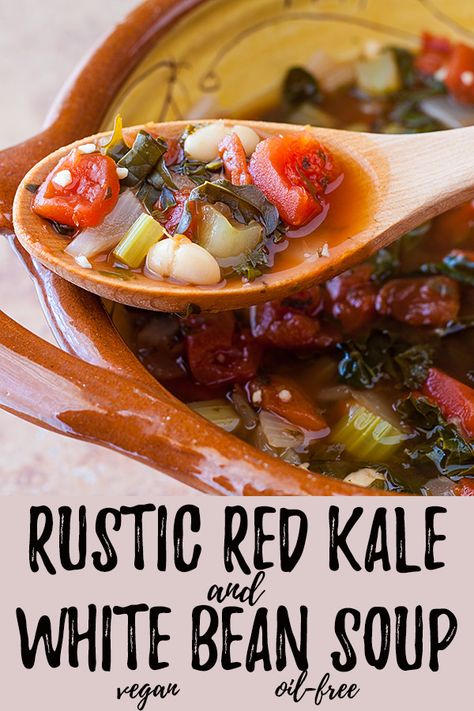 Rustic Red Kale and White Bean Soup: Hearty and nutritious, this plant-based white bean soup is packed with the flavors of basil and oregano.#vegan #oilfree Low Calorie Vegan Meals, Red Kale, Fat Free Recipes, Low Calorie Vegan, Clean Eating Vegan, Dairy Free Soup, Bean Soup Recipes, White Bean Soup, Vegan Kitchen