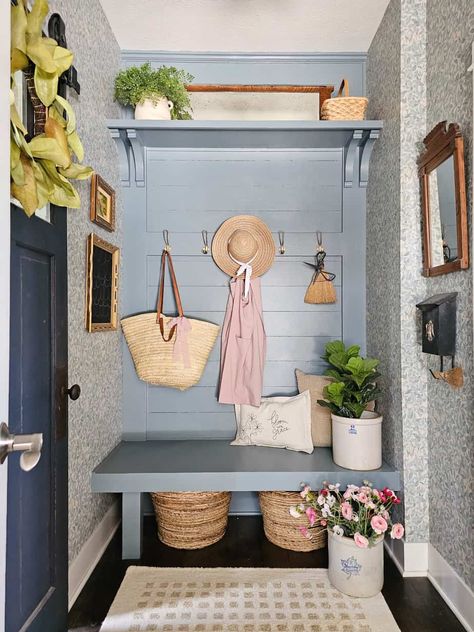 Mudroom Colorful, Cottage Mudroom, Cottage Foyer, Design Timeline, Vintage Mailbox, Mudroom Entryway, Timeline Design, Blank Slate, Magnolia Wreath