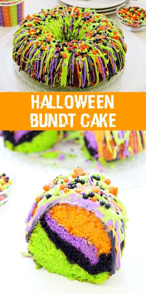 Halloween Bundt Cake Recipe – CUCINADEYUNG Halloween Bundt Cake, Cake Colors, Halloween Torte, Deco Cupcake, Pasteles Halloween, Halloween Rainbow, Postres Halloween, Cake Rainbow, Halloween Foods