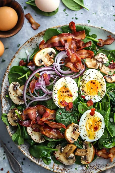 Spinach Salad with Warm Bacon Dressing - The Big Man's World ® Warm Bacon Vinaigrette, Simple Baked Salmon, Wilted Spinach Salad, Gf Salads, Bacon Egg Salad, Warm Bacon Dressing, Bacon Vinaigrette, Simple Spinach Salad, Meal Salads