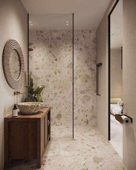 Bathroom Inspo Neutral, Organic Shower Design, Wabi Sabi Bathroom Design, Wooden Bathroom Interior, Serenity Bathroom, Bathroom Decor Neutral, Modern Neutral Bathroom, Chic Modern Bathroom, Bathroom Ideas Color