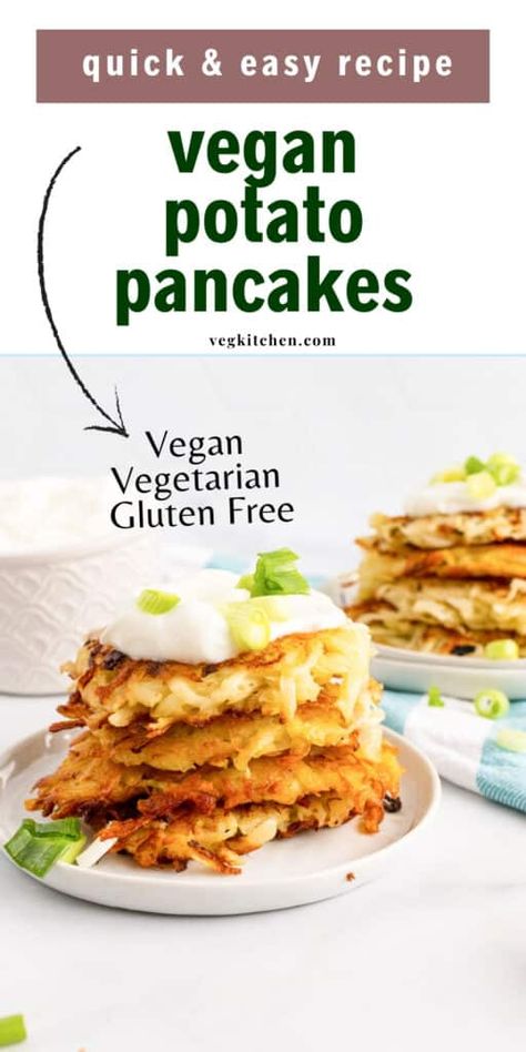 Vegan Potato Pancakes - Gluten-Free Latkes - VegKitchen Gluten Free Potato Pancakes, Gluten Free Potato Latkes, Gluten Free Latkes, Vegan Latkes, Vegan Potato Pancakes, Potato Latke Recipe, Gluten Free Vegetarian Recipes, Allergen Free Recipes, Plant Based Recipes Easy