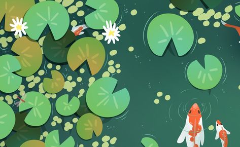 Pond Wallpaper Desktop, Pond Wallpaper Laptop, Cute Pond Art, Frog Laptop Wallpaper, Frog Wallpaper Desktop, Koi Pond Drawing, Lily Pad Illustration, Pond Digital Art, Koi Pond Art