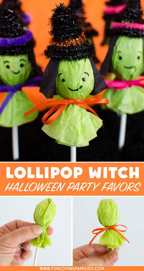 These lollipop witches make the cutest Halloween party favors. Make a bunch to bring to the Halloween classroom party, or add them to your boo basket ideas! #halloweenfavors #halloweenparty #DIYhalloween #halloweenclassroomparty #halloweenkidstreat #boobasketideas #funlovingfamilies Diy Halloween Party Favors, Witch Halloween Party, Witches Halloween Party, Halloween Lollipop, Kids Halloween Food, Classroom Halloween Party, Halloween School Treats, Dulces Halloween, Halloween Crafts For Toddlers