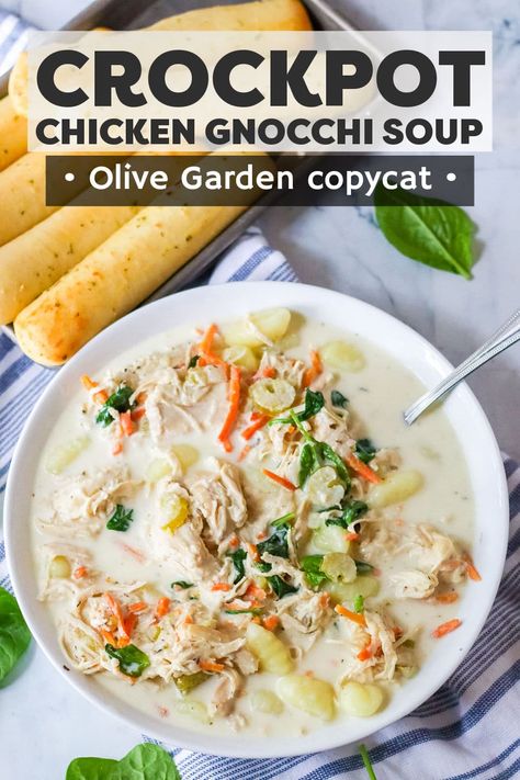 This creamy Slow Cooker Chicken Gnocchi Soup is an Olive Garden copycat recipe. Filled with shredded chicken, potato gnocchi, and spinach, this soup is super simple to throw together in the crockpot! | www.persnicketyplates.com Crock Pot Chicken Gnocchi Soup Olive Garden, Crockpot Chicken Nochi Soup, Slow Cooker Chicken And Gnocchi Soup, Tuscan Chicken Gnocchi Soup, Crockpot Gnocchi Chicken Pot Pie, Crockpot Olive Garden Chicken Gnocchi, Chicken Gnocchi Crockpot Soup, Gluten Free Chicken And Gnocchi Soup, Chicken And Gnocchi Crockpot Recipes