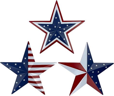 Amazon.com: Gofunfun Metal Barn Star Art - American Flag Patriotic 9-Inch Star Wall Decoration, Wall Mount 3D Barn Star Decor July of 4th Decoration, Set of 3 : Home & Kitchen Metal Star Decor, Barn Star Decor, Metal Stars Decor, Primitive Wall Decor, Metal American Flag, Patriotic Wall Art, American Barn, Primitive Walls, Patriotic Wall