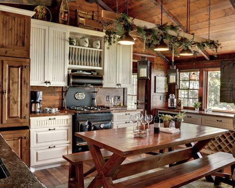 Not the style I want but I want the same rugged, lodge feel Diy Rustic Kitchen, Log Cabin Kitchens, Rustic Kitchen Lighting, Cabin Renovation, Rustic Kitchen Tables, Rustic Country Kitchens, Rustic Kitchen Design, Cabin Kitchens, Cabin Living