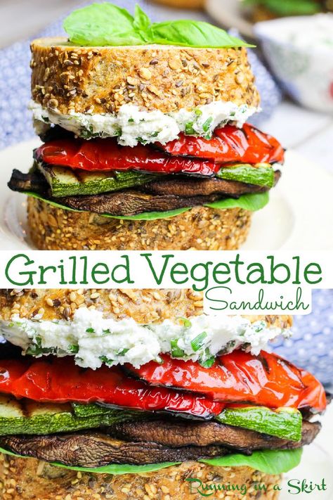 Grilled Vegetable Sandwich with Herbed Goat Cheese Recipe - The best vegetarian sandwich with roasted veggies - red pepper, zucchini, mushroom, spinach and cheese spread. Italian seasoning and healthy, simple and super flavorful. A perfect vegetarian dinner for summer. Low fat, Low Calorie, Clean Eating / Running in a Skirt #vegetariangrilling #grilling #vegetarian #healthy #cleaneating #sandwich Grilled Vegetable Sandwiches, Roasted Vegetable Sandwich Recipes, Ultimate Veggie Sandwich, Roasted Vegetables Sandwich, Grilled Vegetable Sandwich Recipes, Roasted Pepper Sandwich, Vegetarian Italian Sandwich, Roasted Vegetable Wrap, Roasted Vegetable Sandwich