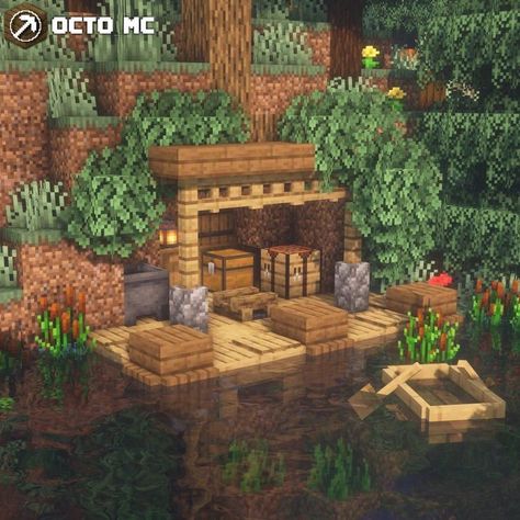 Earthy Minecraft Builds, Mining Area Minecraft Ideas, Camp Site Minecraft, Minecraft Camp Site, Minecraft Campfire Ideas, Minecraft Shed Ideas, Cave Entrance Minecraft, Minecraft Shed, Minecraft Campsite