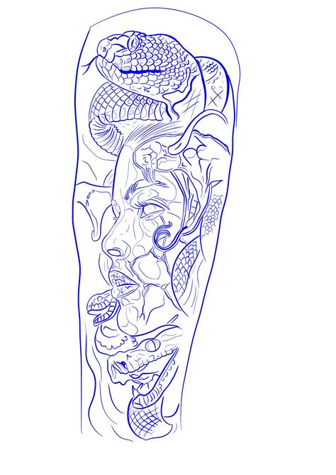 Japanese Tattoo Stencils For Men, Madusa Sleeve Tattoos For Women Leg, Leg Sleeve Tattoo Stencil, Leg Tattoo Men Stencil, Medusa Half Sleeve, Sleeve Stencils Tattoo Designs, Leg Tattoo Stencil, Medusa Tattoo Stencil, Half Sleeve Tattoos Wolf