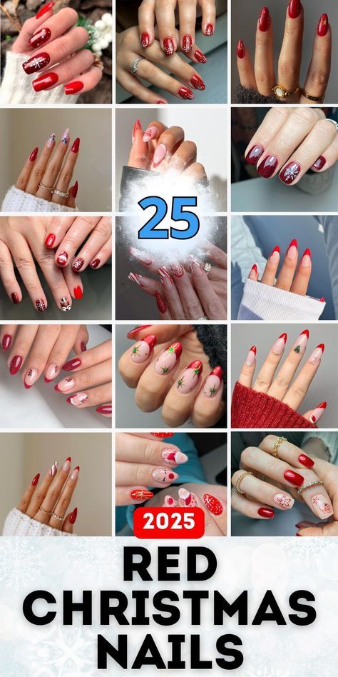 Holiday Nails Coffin Short, Christmas Nail Design Almond Shape, Christmas 2025 Nails, Christmas Nail Designs With Rhinestones, Red Christmas Nails Almond Shape, Coffin Shape Christmas Nails, Christmas Nails 2025, Red Burberry Nails, Red Christmas Nails Glitter