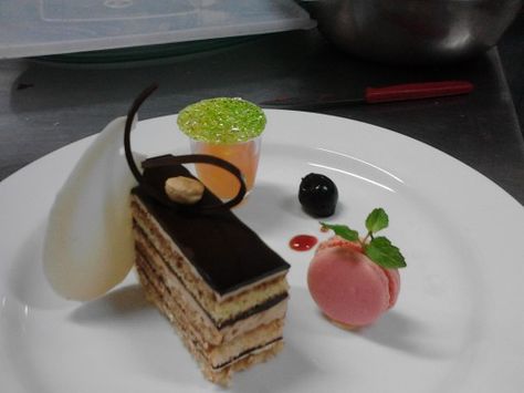 Opera cake platting dessert Opera Cake Plating Ideas, Opera Cake Plating, Cake Plating, Food Plates, Opera Cake, Plating Ideas, Food Gallery, Food Tasting, Sweet Food