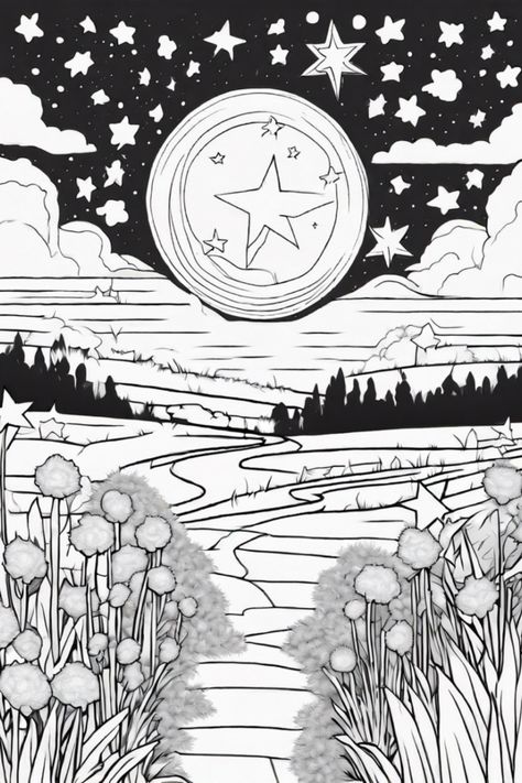 Bring out your creativity with this magical coloring page featuring a starry night full of shimmering stars and a captivating moon! Perfect for both kids and adults looking for a relaxing artistic escape. Color in the whimsical scenery with a lovely winding path and fluffy round bushes; it's all about fun and imagination. Dive headfirst into a thrilling coloring adventure, where each stroke of color can create your dreamlvocking night sky Octopus Coloring, Magical Night Sky, Forest Coloring Pages, Octopus Coloring Page, Enchanted Forest Coloring, Underwater Plants, Winding Path, Space Coloring Pages, Star Coloring Pages