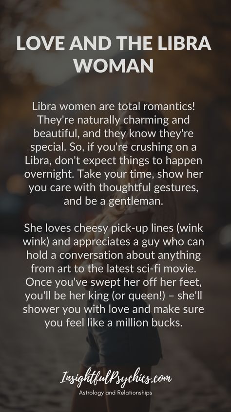 Libra women love being in love. They're naturally gorgeous and always expect the best. Polish up on those manners and treat her right – once she's yours, she's yours forever. Hashtags: #libra #venus #love #romance #feminine #librawoman #librawomen Libra Love Language, Libra Women Facts, Libra Flirting, Libra Zodiac Facts Women, Libra Love Match, October Facts, Libra In Love, Libra Man Libra Woman, Audience Of One