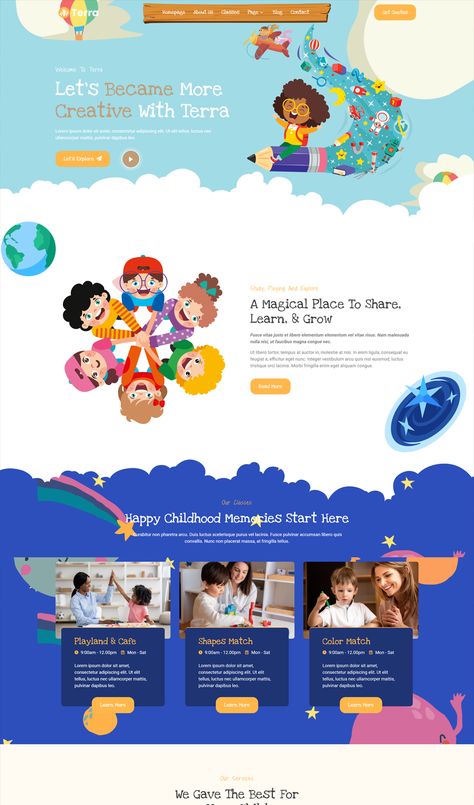 Child Care & Kindergarten Elementor Template Kit Kindergarten Website Design, Preschool Website Design, Kids Website Design Inspiration, Kids Website Design, Kindergarten Website, Childcare Website, Testimonials Web Design, Webpage Design Layout, Landing Page Ui Design