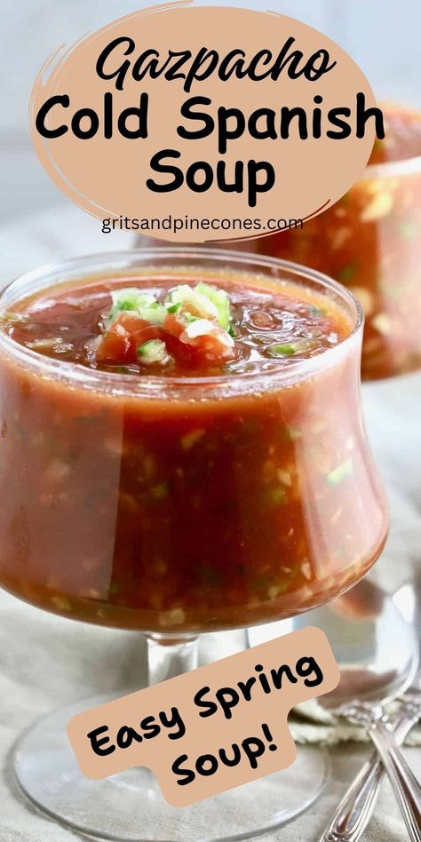 Gazpacho is full of healthy tomatoes and vegetables, and this hearty, cold Spanish soup is also quick and easy to prepare. It is a delicious spring or summer soup that is also delicious all year long. With a food processor or vegetable chopper, you can have it on the table in ten minutes or less! Gaspacho Soup, Easy Gazpacho, Spanish Soup, Cold Soup Recipes, Gazpacho Soup, Spring Soups, Gazpacho Recipe, Summer Soup, Cold Soup