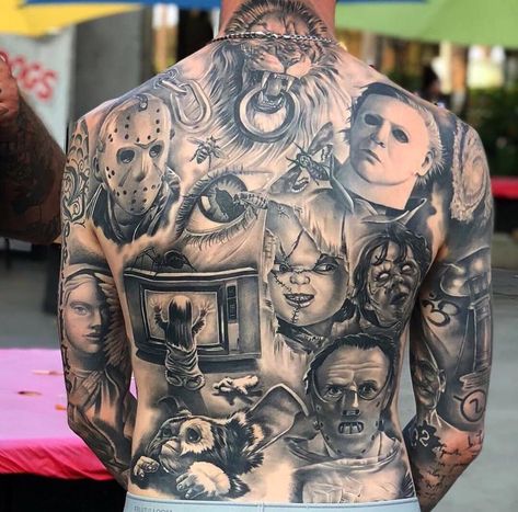 Movie Character Tattoos, Tattoos Horror, Horror Sleeve, Scary Movie 2, Horror Movie Tattoos, Horror Tattoos, Movie Tattoo, Back Piece Tattoo, Movie Tattoos